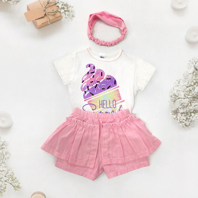 Outfit-Sommer-Kleidung-Baby-Mädchen-kurze-Hose-Stirnband-T-Shirt-Eis-handmade-Geschenk