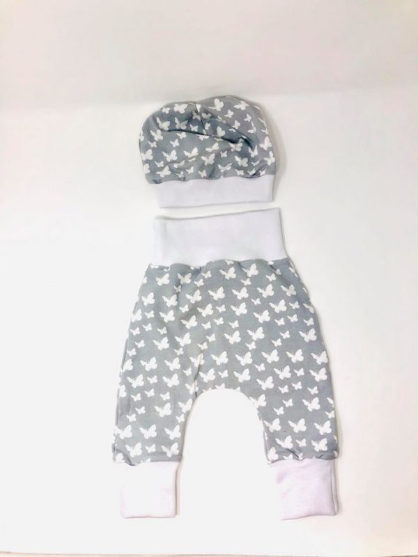 Handmade Baby Set Sendoro Shop Mütze Hose 50 56 62 68 74 grau weiß