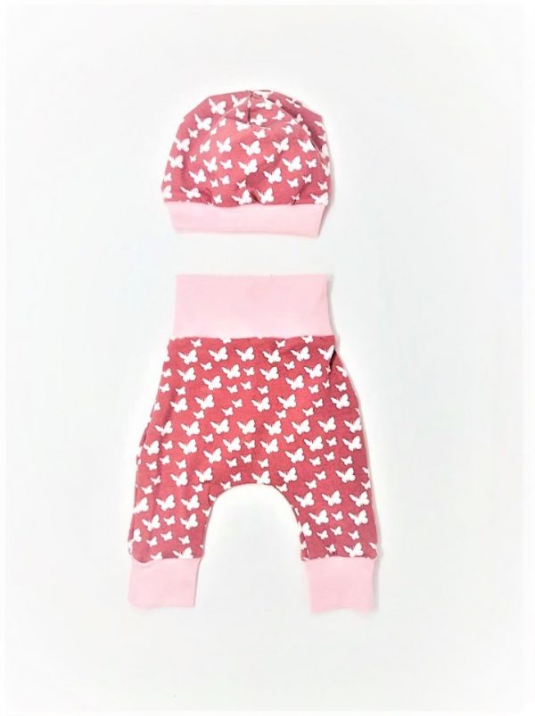 Handmade Baby Set Sendoro Shop Mütze Hose 50 56 62 68 74 pink schmetterlinge mädchen geschenk