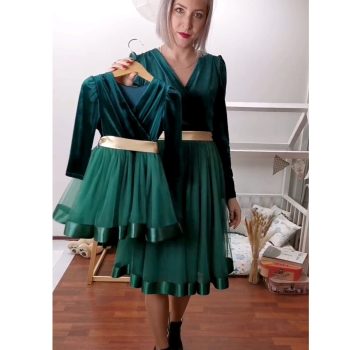 Festkleid Tiffany 68-XL partner look mama tochter grün weihnachtskleid velours tüllkleid