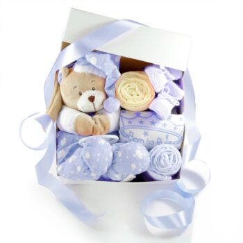 geschenkbox geburt junge blau spieluhr teddy bär schuhe sendoro shop dubistda handmade geburtsgeschenk