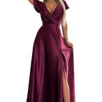 411-10 CRYSTAL Langes Kleid aus Satin mit Ausschnitt - weinrote Farbe-7