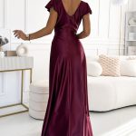 411-10 CRYSTAL Langes Kleid aus Satin mit Ausschnitt - weinrote Farbe-3