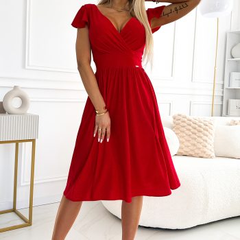 425-9 MATILDE Kleid mit Ausschnitt und kurzen Ärmeln - rot mit Glitzer-2