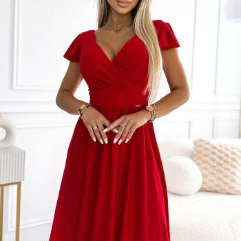 425-9 MATILDE Kleid mit Ausschnitt und kurzen Ärmeln - rot mit Glitzer-1