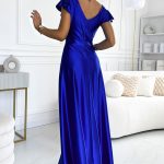 411-11 CRYSTAL Langes Kleid aus Satin mit Ausschnitt - blaue Farbe-3
