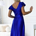 411-11 CRYSTAL Langes Kleid aus Satin mit Ausschnitt - blaue Farbe-5